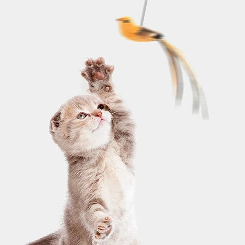 Simulated Bird Cat Toys – Upgraded Epoxy Sucker with Steel Wire Long Rod & Feather Teasing Stick