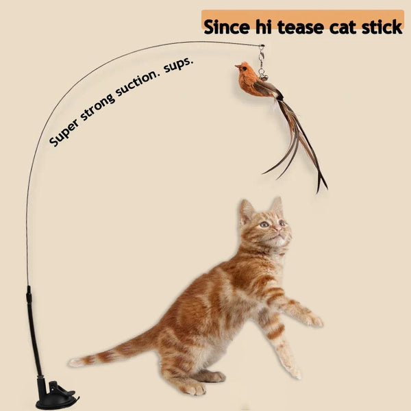 Simulated Bird Cat Toys – Upgraded Epoxy Sucker with Steel Wire Long Rod & Feather Teasing Stick