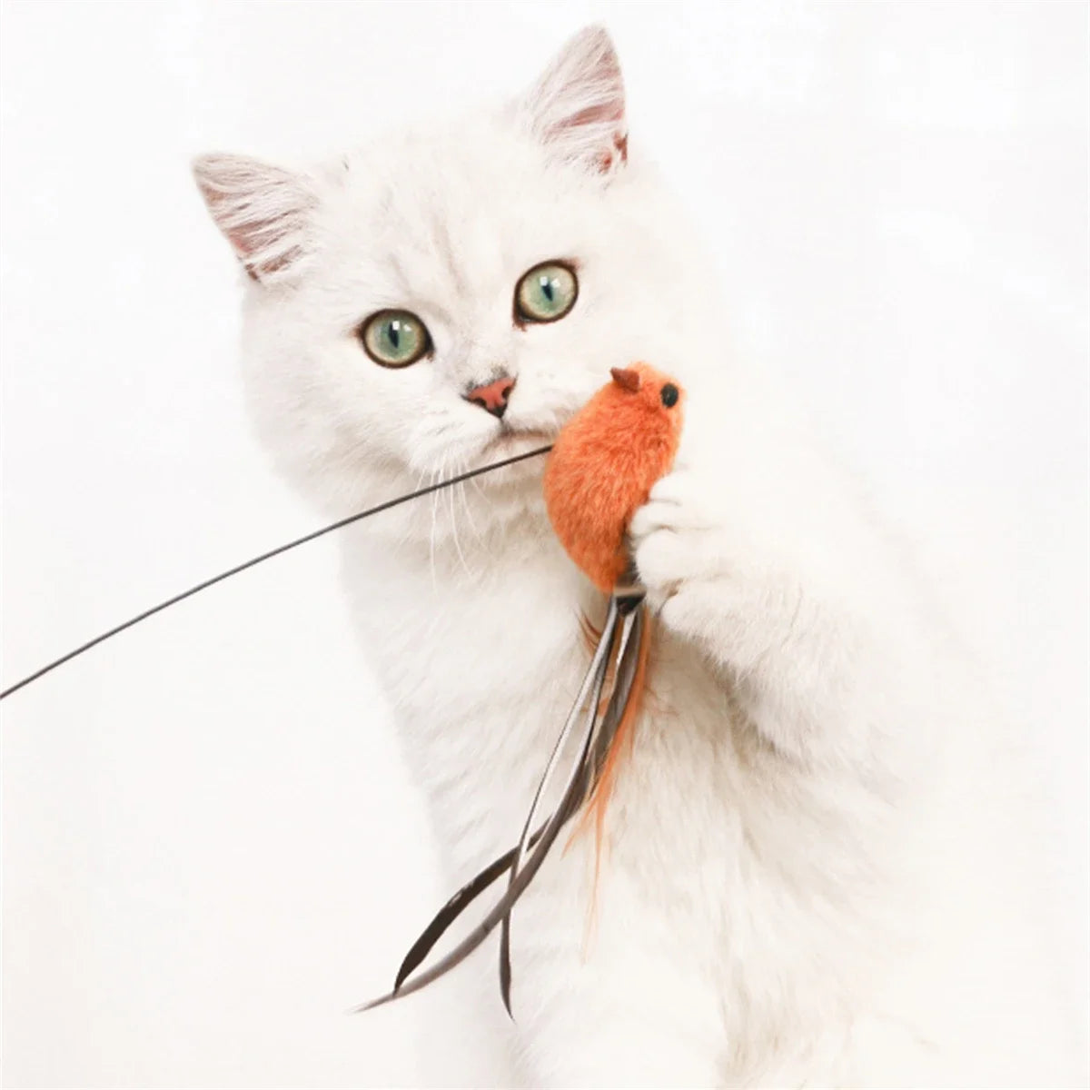 Simulated Bird Cat Toys – Upgraded Epoxy Sucker with Steel Wire Long Rod & Feather Teasing Stick
