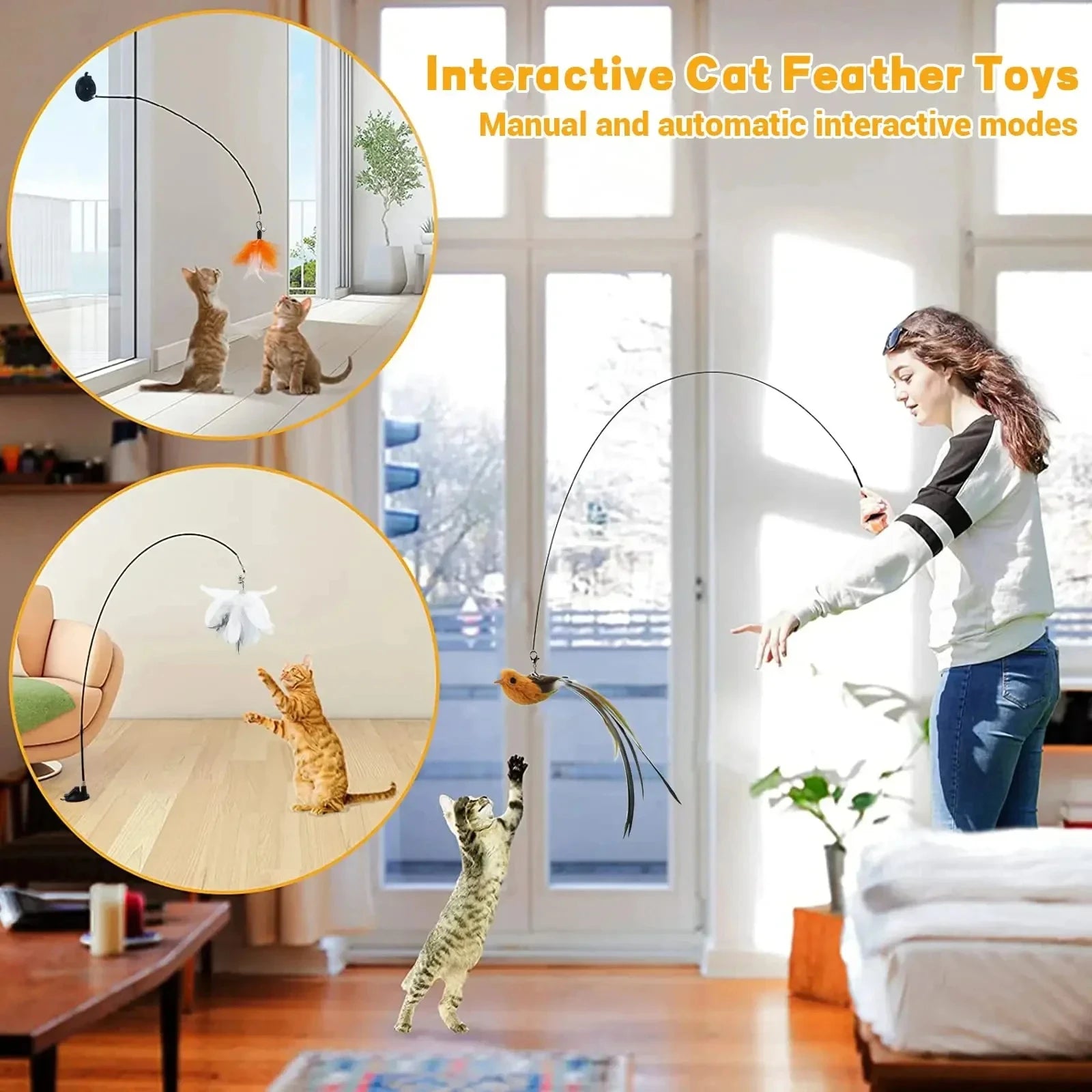 Simulated Bird Cat Toys – Upgraded Epoxy Sucker with Steel Wire Long Rod & Feather Teasing Stick