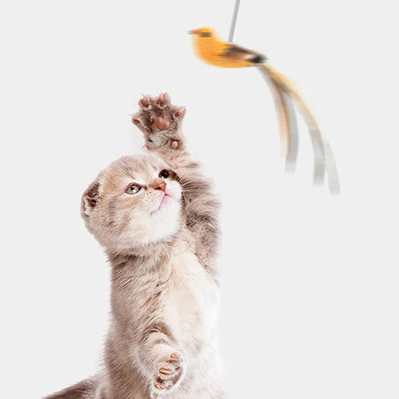 Simulated Bird Cat Toys – Upgraded Epoxy Sucker with Steel Wire Long Rod & Feather Teasing Stick